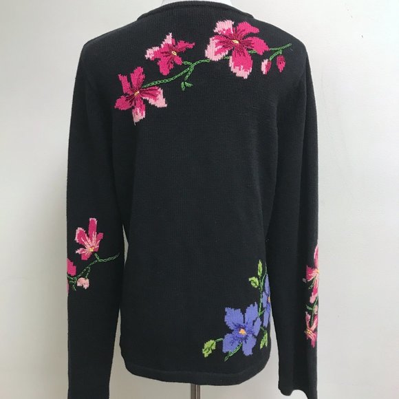 Northern Isles black cotton hand embroidered cardigan sweater pink blue M NWT - Picture 8 of 11